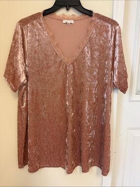 August Mist Dusty Rose Velvet V-Neck with Lace Trim